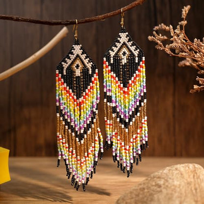 Bohemian Tassel Colorful Beaded Earrings For Women Trendy, Long Fringe Feather Drop Jewelry Handmade Gifts. - color: color7