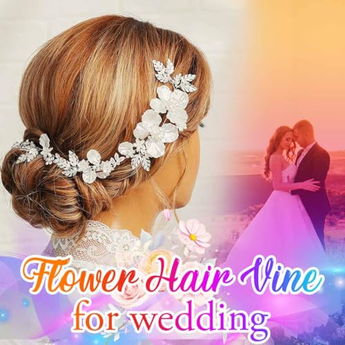 Catery Flower Bride Wedding Headband Silver Bridal Hair Vine Floral Headpiece Accessories for Women