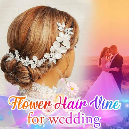 Catery Flower Bride Wedding Headband Silver Bridal Hair Vine Floral Headpiece Accessories for Women