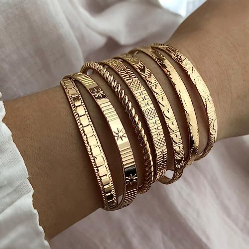 Golden Bangle Bracelets Set for Women, 14k Gold-Plated Multi Layer Stackable Cuff Bracelets, Personalized Boho Non Tarnish Adjustable Bangle Jewelry Gift for Her - color: 7PCS Love twist