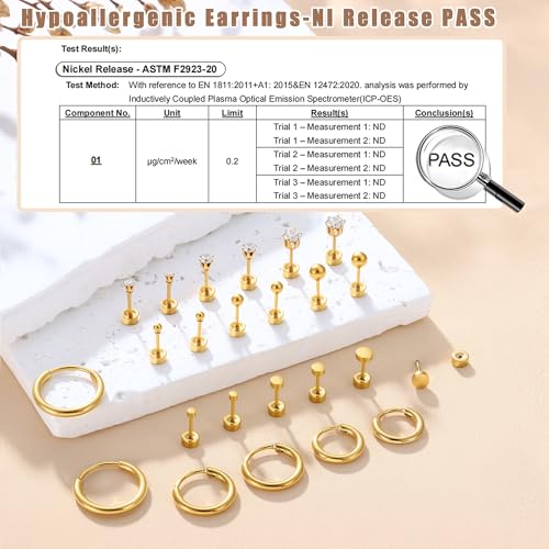 FASACCO Small Tiny Stud Flat Back Earring Hypoallergenic Gold Studs 14K Surgical Steel Earring Sets for Multiple Piercing Cartilage Hoop Earrings - color: gold tone