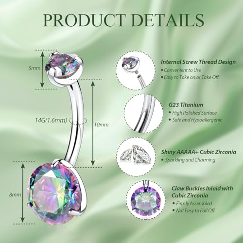 FUNLMO 14G Belly Button Ring Titanium Belly Button Piercing Belly Ring Internally Threaded Navel Piercing Jewelry - color: Silver-Vitrail Medium CZ
