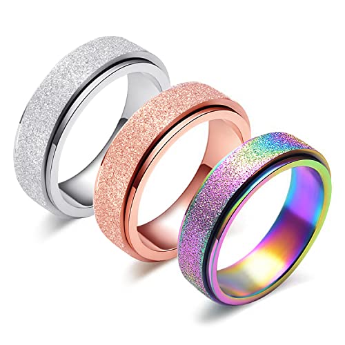 LAOYOU Spinner Anxiety Relief Fidget Ring for Women | 6MM Titanium Stainless Steel Glitter Stress Relieve Calming Rings Non Tarnish Hypoallergenic - color: Silver,Rose Gold and Rainbow Three Color Set