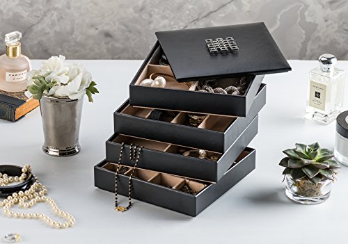 Glenor Co Jewelry Organizer Tray - 4 Stackable Trays & Lid with Mirror - 27 Slot Storage for Drawer, Dresser - Black - size: Square - 4 Trays + Lid Set - 27 Slots