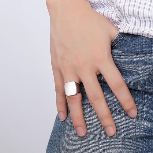 Stainless Steel Square Signet Rings for Men Women Gold/Silver Plain Pinky Thumb Ring, Gift for Dad Husband - color: Square Silver