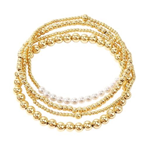 14K Gold Plated Beaded Bracelets Stack Set for Women,Stretch Boho Ball Jewelry Friendship Trendy - color: Pearl