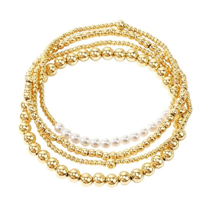 14K Gold Plated Beaded Bracelets Stack Set for Women,Stretch Boho Ball Jewelry Friendship Trendy - color: Pearl