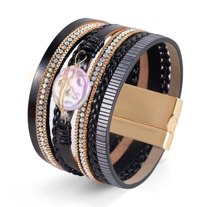 Wrapped Bracelets for Women,Leather Boho Bracelets for Women - color: Shell-Black