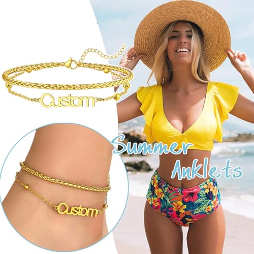 U7 Custom Layered Ankle Bracelets for Women Stainless Steel Bead/Cuban/Figaro/Rope/Wheat Chain Anklet Waterproof Anklet Jewelry for Beach Vacation - color: a-Gold Plated-Wheat Chain