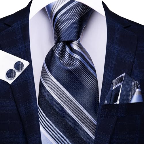 Hi-Tie Men 63inches Tie Set Extra Long Necktie Paisley Tie Pocket Suqare Cufflinks Big and Tall Men Tie - color: Blue White