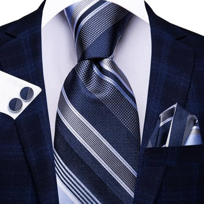 Hi-Tie Men 63inches Tie Set Extra Long Necktie Paisley Tie Pocket Suqare Cufflinks Big and Tall Men Tie - color: Blue White