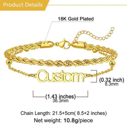 U7 Custom Layered Ankle Bracelets for Women Stainless Steel Bead/Cuban/Figaro/Rope/Wheat Chain Anklet Waterproof Anklet Jewelry for Beach Vacation - color: a-Gold Plated-Rope Chain