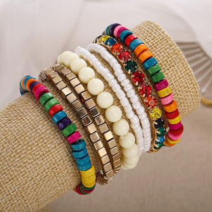 LUREME Boho Multi Strand Stackable Stretch Bracelet Set Wooden Cube Alloy Bead Bangle bl003172 - color: Multi Color