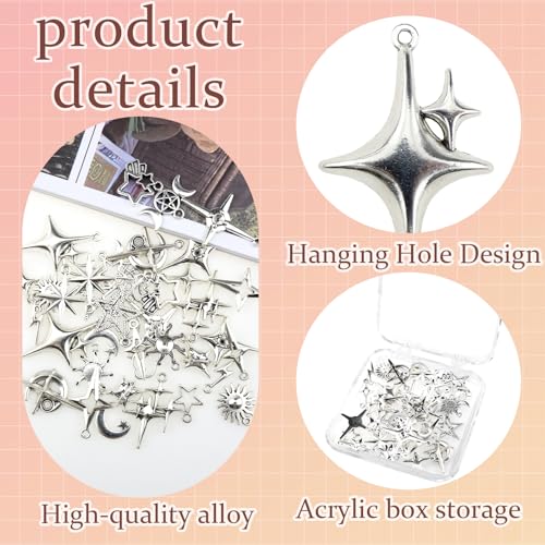 40Pcs Celestial Charm Set Stainless Steel Vintage Antique Silver Moon Star Sun Pendants for DIY Jewelry Making Necklaces Earrings Bracelets Boho Craft Supplies