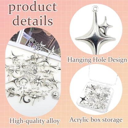 40Pcs Celestial Charm Set Stainless Steel Vintage Antique Silver Moon Star Sun Pendants for DIY Jewelry Making Necklaces Earrings Bracelets Boho Craft Supplies