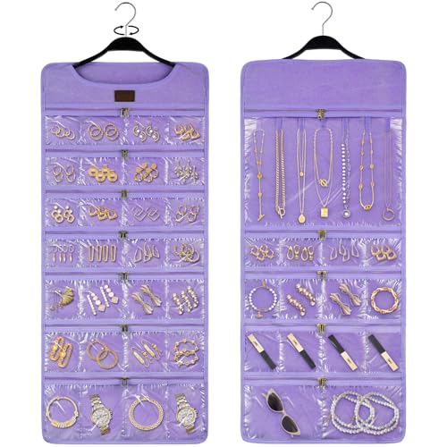 SMRITI Hanging Jewelry Organizer with Dual Zippered Pockets Canvas Double Sided Rotating Hanger Necklace Hanging Wall Organizer Earring Dustproof Holder Wall Mount Accessories Display Bag(Purple) - color: Purple