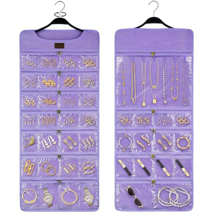 SMRITI Hanging Jewelry Organizer with Dual Zippered Pockets Canvas Double Sided Rotating Hanger Necklace Hanging Wall Organizer Earring Dustproof Holder Wall Mount Accessories Display Bag(Purple) - color: Purple