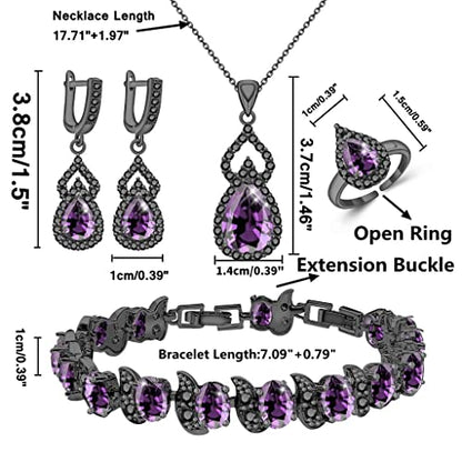 LMXXVJ Women Jewelry Set Platinum Plated Necklace Open Ring Earrings Bracelet Set,Birthday/Anniversary Mother’s Day Jewelry Gifts for Mom/Wife/Sister/Best Friend - color: Black Gun-Purple