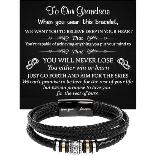 To Our Grandson Bracelet from Grandpa and Grandma - Love You Forever Engraved Leather Wristband with Inspirational Message Card - Sentimental Birthday Graduation Gift for Men, Teen - color: Version-04