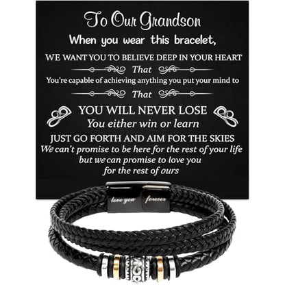 To Our Grandson Bracelet from Grandpa and Grandma - Love You Forever Engraved Leather Wristband with Inspirational Message Card - Sentimental Birthday Graduation Gift for Men, Teen - color: Version-04