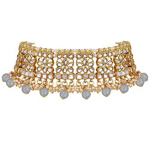 Aheli Elegant Indian Faux Kundan Studded Choker Necklace with Maang Tikka Set Ethnic Wedding Wear Bharatanatyam jewellery set Gift for Women - color: Grey