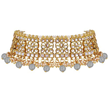Aheli Elegant Indian Faux Kundan Studded Choker Necklace with Maang Tikka Set Ethnic Wedding Wear Bharatanatyam jewellery set Gift for Women - color: Grey