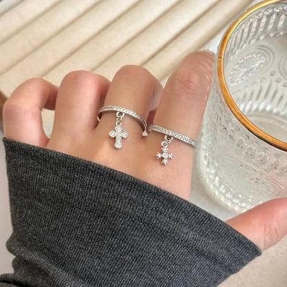 Dangle Little Cross Cubic Zirconia Ring for Women Dainty Crystal Faith Adjustable Open Stacking Promise Eternity Thin Rings Comfort Fit Fashion Wedding Engagement Band Cute Religion Protection Jewelry