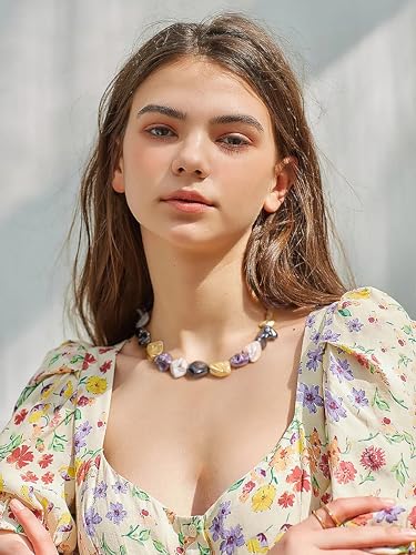 Aobei Pearl Gemstone Beaded Choker Necklace for Women Boho Turquoise/Cultured Freshwater Pearls/Garnet/Amazonite Jewelry - color: S Colorful Shell Pearl