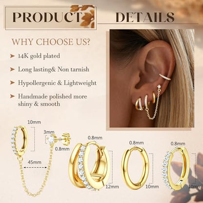 4 Pairs Small Hoop Earrings for Women 14K Gold Plated | Trendy Chain Drop Earrings Set, Hypoallergenic CZ Huggie Hoops, Lightweight Cartilage Earring Stacks - color: 14K Gold Plated-double hoop
