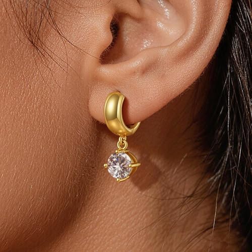 Gold Huggie Dangle Earrings for Women Chunky Hoop Huggies Cubic Zirconia Drop Earring Diamond Crystal Charm Statement Teardrop Earrings Jewelry Gifts - color: Gold-Cz