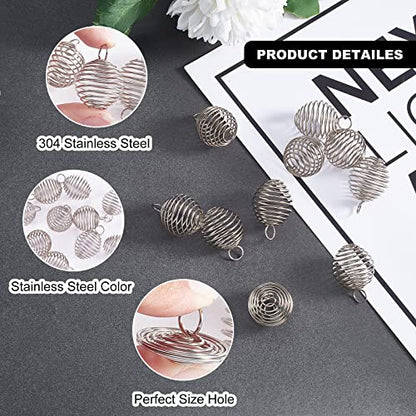 LiQunSweet 10 Pcs Stainless Steel Round Wire Pendants Spiral Wrap Around Bead Cage Stone Holder Charm for Jewelry Making DIY Findings - color: Stainless Steel Cage_20mm
