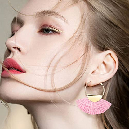 4Pairs Tassel Earrings For Women Fan Shape Tassel Earrings Long Thread Tassel Earrings Bohemian Fringe Drop Handmade Earrings - style: 4 Pink