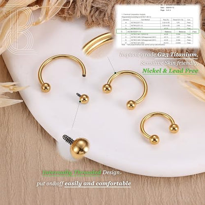 G23 Titanium 14/16/18/20G Septum Rings Horseshoe Nose Ring Jewelry | 2/3Pcs Circular Barbell Spike Lip Body Piercing Jewelry Conch Helix Tragus Earring Silver/Black 8/10/12mm 14K Gold Plated - color: Gold-3pcs, size: Balls-3pcs-16g-8/10/12mm