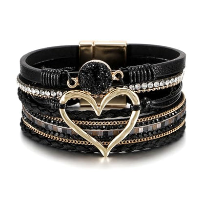 Fesciory Leather Wrap Bracelet for Women, Boho Western Layered Cuff Jewelry | Stackable Bracelets, Easy-On Clasp, Daily Wear, Pairs with Boho Western Outfits, Gift for Women - color: Black1