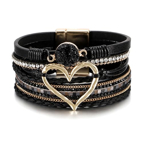 Fesciory Leather Wrap Bracelet for Women, Boho Western Layered Cuff Jewelry | Stackable Bracelets, Easy-On Clasp, Daily Wear, Pairs with Boho Western Outfits, Gift for Women - color: Black1