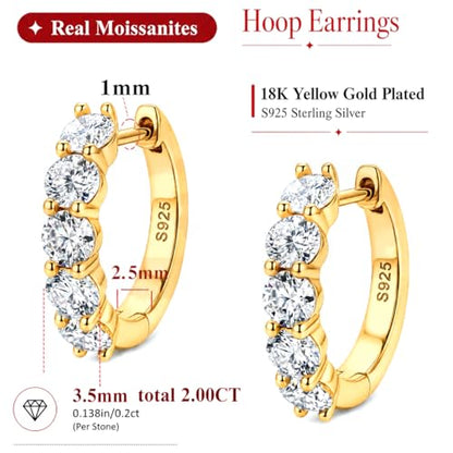 Moissanite Hoop Earrings Huggie Hoops Earrings for Women, 2ct D Color VVS1 18K White Gold Plated S925 Hypoallergenic, Wedding Earrings Jewelry for Gifts - color: Gold