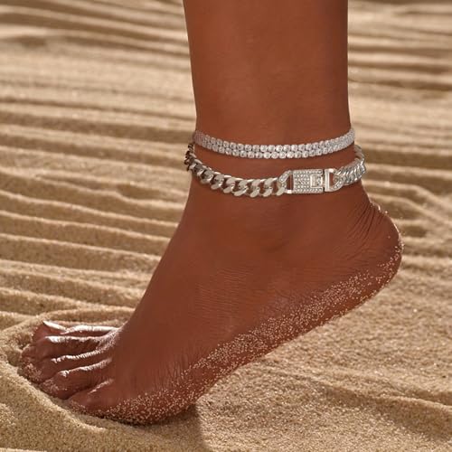 14K Gold Anklets for Women Waterproof Rhinestone Ankle Bracelet Layered Cuban Link Chain Diamond Anklet Beach Jewelry for Women - color: Silver Style A
