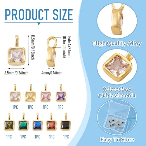 9Pcs Square Cubic Zirconia Charms for Jewelry Making Rectangle Golden Brass Pendants Faceted Crystal Drop Birthstone Charms for Necklace Bracelet Earrings DIY Supplies 11.5x6.5x4mm - color: Square