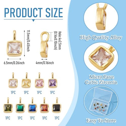 9Pcs Square Cubic Zirconia Charms for Jewelry Making Rectangle Golden Brass Pendants Faceted Crystal Drop Birthstone Charms for Necklace Bracelet Earrings DIY Supplies 11.5x6.5x4mm - color: Square