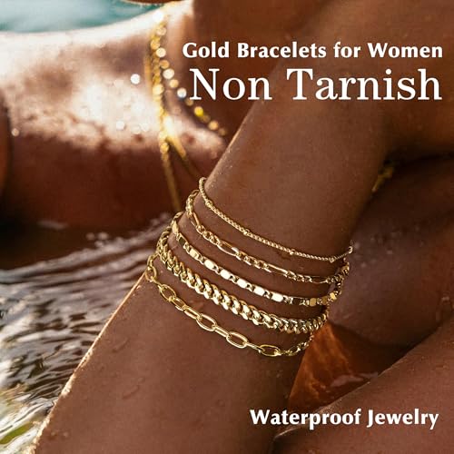 Gold Bracelets Set for Women Non Tarnish Trendy,14K Gold Plated Dainty Stackable Paperclip Cuban Link Chain Bracelets, Simple Cute Cuff Bracelets Jewelry Set Adjustable 7"+2" - color: Gold