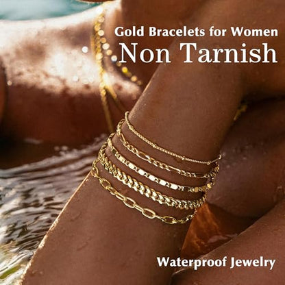 Gold Bracelets Set for Women Non Tarnish Trendy,14K Gold Plated Dainty Stackable Paperclip Cuban Link Chain Bracelets, Simple Cute Cuff Bracelets Jewelry Set Adjustable 7"+2" - color: Gold
