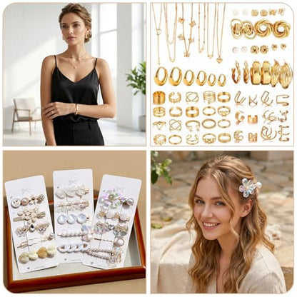 64 Pcs Mystery Jewelry Jar for Women, Golden Surprise Jewelry Box with Necklaces Bracelets Rings Earrings Hair Accessories and Keychain, Multi Style Alternative Fashion Present for Her - color: Golden