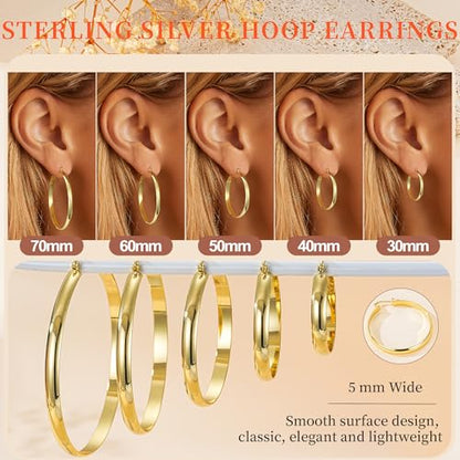 Apsvo Hoop Earrings for Women, 5mm Wide 14K Gold Plated/Silver Hoop Earring Hypoallergenic 925 Sterling Silver Earrings Lightweight Large Earrings for Women - color: Gold &70mm