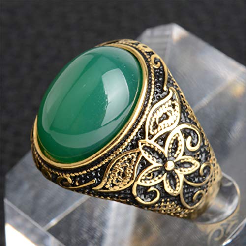 Retro Unisex Stainless Steel Oval Gemstone Hollow Flower Carved Signet Ring - color: Gold Black-Green