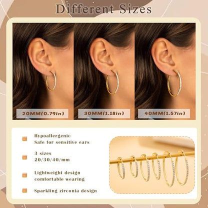 RANKEEF Gold/Silver Hoops Earrings For Women Hypoallergenic | S925 Silver Hoop Earings Lightweight Gold Hoops Gold Rhinestone Earring With Cubic Zirconia 20/30/40mm - color: Gold-30mm