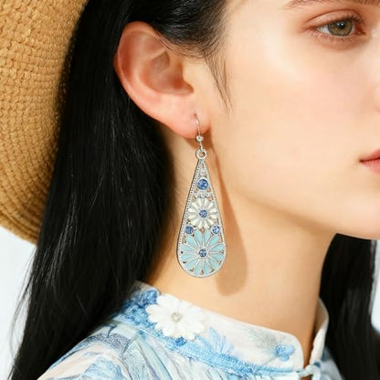 Bohemian Crystal Teardrop Dangle Earrings, Copper, Tribal Geometric Design, Handmade National Style for Women - color: Light Blue