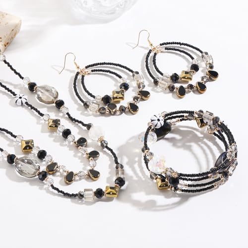 Bocar Bohemian Handmade Beaded Jewelry Set for Women 3 Pcs Layered Necklace Hoop Earrings Wrap Bracelet Set Boho Summer Vacation Jewelry Gift (NK-10834) - color: Black
