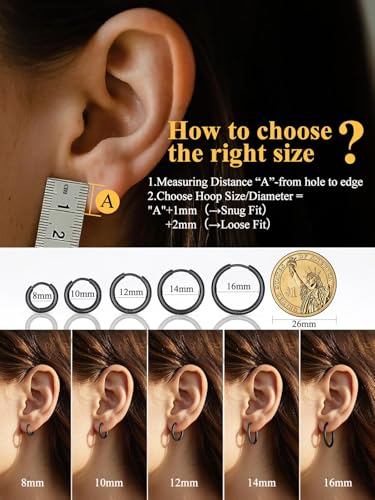 Small Hoop Earrings for Women 7-16mm Stainless Steel Huggie Earrings Lightweight - color: b. Black A, size: Diameter 10mm