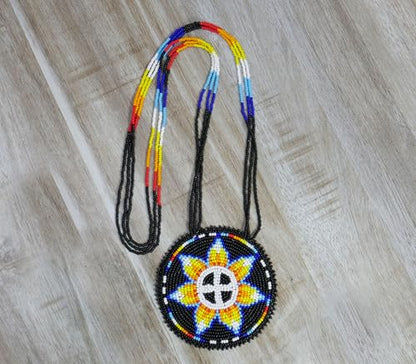 Handmade Native American Style Tribal ethnic Seed Bead Beaded Layered Medallion Necklace - color: Sunburst - Black