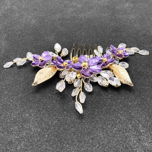 Purple Flower Hair Comb for Bride Crystal Gold Metal Leaf Floral Hair Pieces Accessories for Wedding Prom